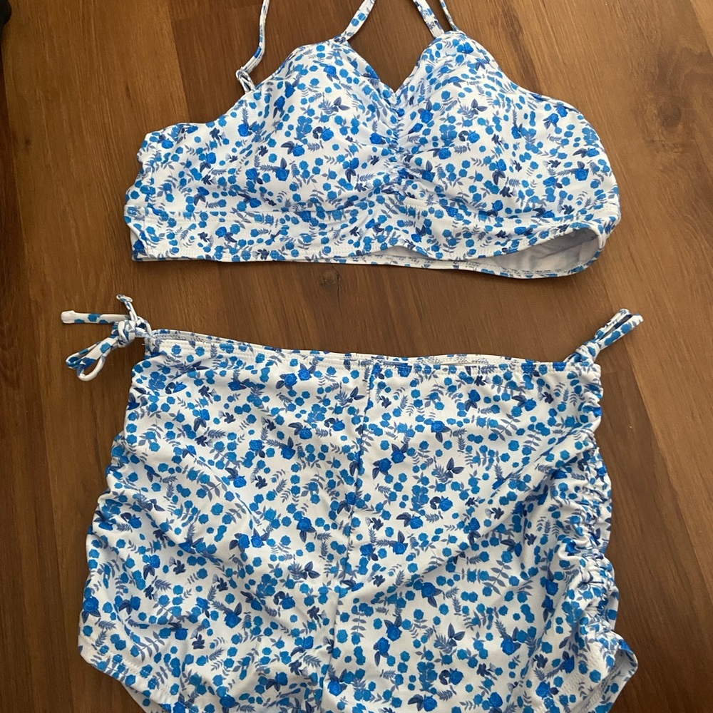 New, blue and white XL 2-piece swimsuit.